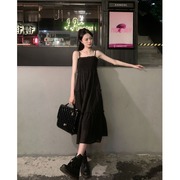 复古黑色抹胸吊带连衣裙女春季2023洋气褶皱收腰中长款a字裙