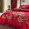 高端140支匹马棉四件套，全棉婚庆刺绣，被套大红色中式新婚床上用品