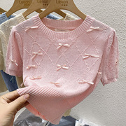 法式蝴蝶结短袖毛衣女夏季薄款镂空设计感小众冰丝针织衫T恤上衣