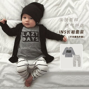 INS欧美婴儿装春装长袖T恤英文印花条纹裤套装LAZY DAYS