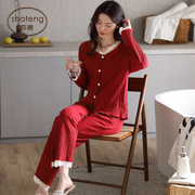 睡衣女纯棉长袖开衫，简约纯色全棉秋冬款，红色喜庆本命年家居服套装