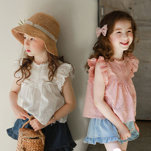 夏款韩国童装女童花边，t恤女宝宝洋气，飞袖甜美公主蕾丝上衣娃娃衫