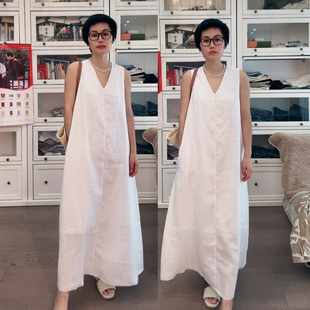 2023法式白色V领无袖休闲度假风纯亚麻连衣裙