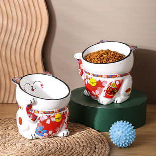 宠物用品陶瓷猫碗水碗食盆高脚猫碗斜口碗日式和风猫招财猫碗萌物