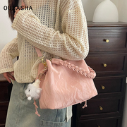 粉色包包女士2024夏天手提单，肩包小众轻奢高级质感斜跨水桶包