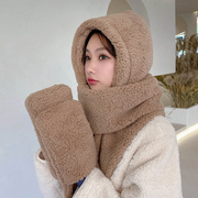 亲子款韩版冬季女士围脖，可爱双层加厚保暖毛绒围巾帽子手套一体