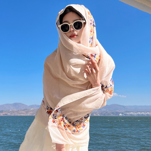 围巾女夏季沙漠旅游穿搭防晒披肩民族风，茶卡盐湖丝巾棉麻纱巾头巾