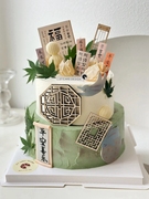 新中式绿色森系兔宝宝周岁，蛋糕装饰插件，平安喜乐古典木质屏风插牌
