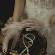 韩式新娘旅拍摄影蝴蝶结婚礼服短款蕾丝手套婚纱全指网纱配件