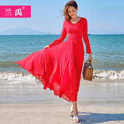 巴厘岛泰国沙滩裙红色长袖连衣裙夏超仙显瘦海边度假小个子长裙子