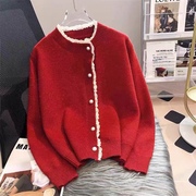 蕾丝圆领针织开衫毛衣外套，女装春秋装，2024本命年红色时尚上衣