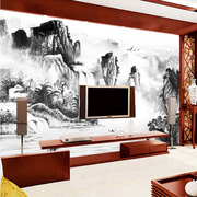 山水国画中式水墨黑白，3d立体电视背景墙，卧室客厅背景墙墙纸壁画