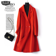 双面羊绒大衣女中长款西装领红色，妮子春秋高端气质羊毛呢外套