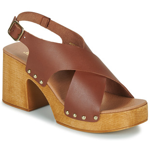 jbmartin女鞋粗高跟铆钉，设计防水台交叉带罗马凉鞋棕色夏季