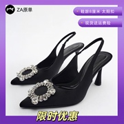 za2024年夏季女鞋黑色水钻，装饰品细节露跟高跟鞋细跟尖头凉鞋