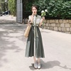 cherrykoko2024夏季韩版拼接撞色连衣裙短袖收腰衬衫裙长裙显瘦