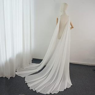 新娘礼服配饰可拆卸白色雪纺婚纱，飘逸翅膀长款拖尾别针披肩演出装