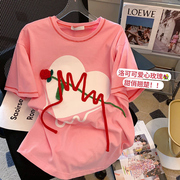 粉色立体玫瑰花短袖T恤女2022夏季设计感别致宽松半袖上衣潮
