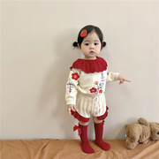 网红宝宝毛衣套装秋装，婴儿针织毛线刺绣荷叶领上衣，+花边裤子