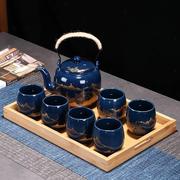 陶瓷茶具茶盘套装大号，提梁壶整套家用简约中式霁蓝办公喝茶壶