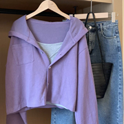 连帽紫色卫衣女小个子开衫外套休闲运动秋季显瘦欧货百搭外穿上衣
