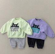 韩国进口婴幼童装时尚撞色休闲运动套装春秋卡通猫咪卫衣卫裤