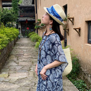 复古文艺民族风女装宽松大码印花裙中袖棉麻连衣裙旅行出游