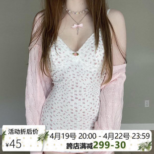 HEYOUNGIRL低价~纯欲风蕾丝花朵拼接吊带碎花裙小清新包臀裙