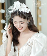 法式手工布花瓣网纱新娘韩式头花盘发头饰套装，婚纱礼服配饰品