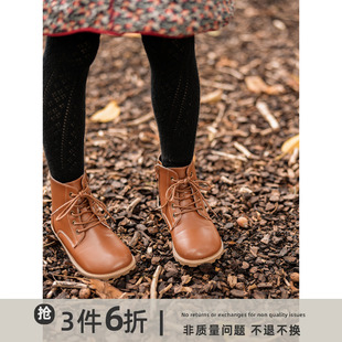 史豌豆童装女童靴子内里短毛绒系带棕色皮靴2023冬季儿童短靴