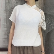 绣绣天原创自制夏季白色，民族风棉麻纱质，拼接短款立领新中式上衣