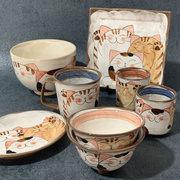 日本进口有田烧手绘招财猫饭碗茶杯盘 釉下彩 可微波炉