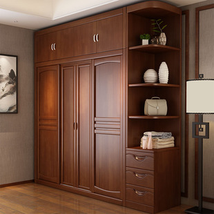 中式全实木推拉门衣柜，整体组合四门储物柜子，卧室家用原木大衣橱