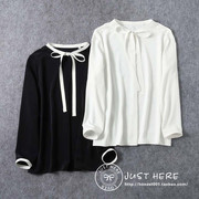 日本2023秋女士白色飘带，立领百搭通勤衬衫，外贸原单优雅长袖雪纺衫