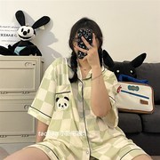 韩国熊猫情侣睡衣夏纱布纯棉薄y款卡通格子可爱短袖短裤男女家居