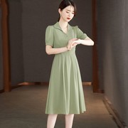 合适30-45岁的裙子绿色气质高级感西装式短袖连衣裙夏收腰小个子