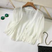 韩国夏季绿色小个子冰丝空调，开衫女短外搭真丝，防晒披肩外套潮