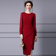 枝荔红色不规则包臀裙裹裙高端轻奢钉钻蕾丝拼接连衣裙显身材春季