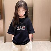 女童t恤纯棉夏装韩版洋气时髦中大童韩版卡通，印花半袖宽松打底衫