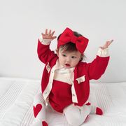 秋冬装大红色新年圣诞女宝宝针织套装开衫外套哈衣婴儿爬服两件套
