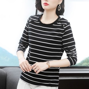 纯棉打底衫长袖T恤女宽松春秋30-40岁中年妈妈装条W纹上衣全棉小