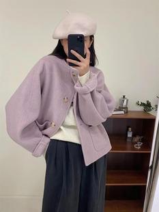 纯色秋冬紫色双面羊绒大衣女2023年短款圆领单排扣宽松外套潮