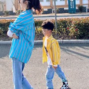 高端亲子装一家三口衬衫2s022春秋，潮洋气母子，韩版男童条纹上