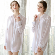 透视雪纺衬衫，女长袖中长款韩版2023bf性感衬衣，宽松大码睡衣