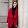 sunview尚约毛呢大衣女中长款秋冬双面呢保暖外套红色开口领