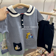 日系小熊海军风套装儿童夏季短袖短裤卡通全棉男女宝宝休闲两件套