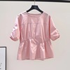 粉色棉布收腰小衫女短袖娃娃衫2023夏季韩版设计感圆领宽松衬衣潮