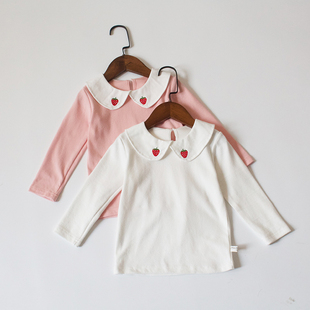 可爱草莓～春季女童打底衫长袖t恤娃娃领翻领白色95%棉柔软弹力