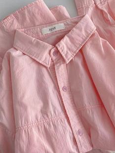 超好看粉色纯棉长袖衬衫，女2024年春夏装宽松别致韩版宽松上衣