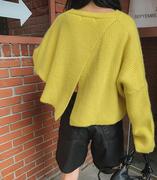 韩国东大门代女装秋装，不规则开叉柠檬黄，针织套头衫上衣